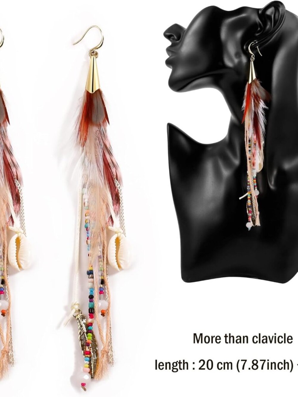 Bohemian Feather Dangle Earrings for Women with Shell Beads Long Tassel Design D - Picture 4 of 9
